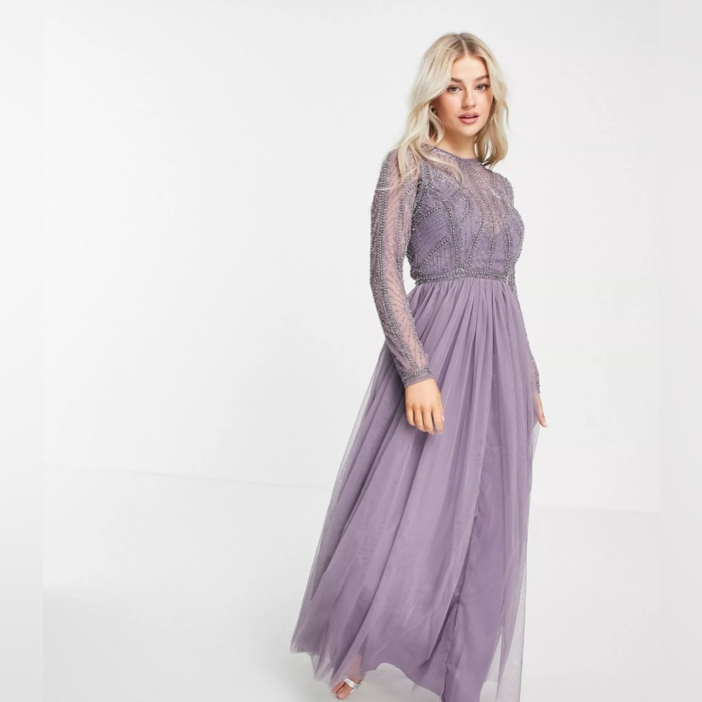 ASOS DESIGN Petite embellished bodice maxi dress with tulle skirt in lilac
